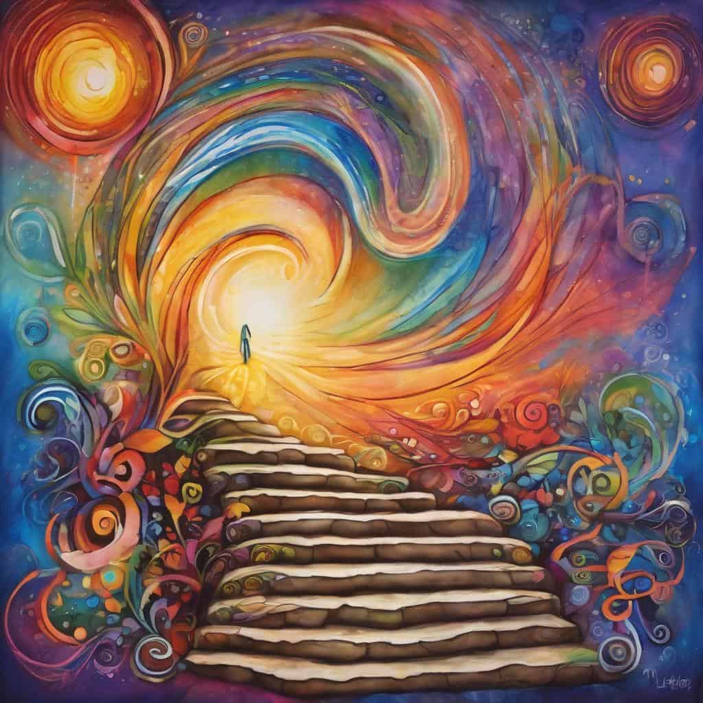 Ανέβασε σκάλες σε χρωματιστό, ονειρικό σκηνικό με λαμπερό φως και αφηρημένα μοτίβα, εμπνευσμένο από την ελπίδα και την αναγέννηση.