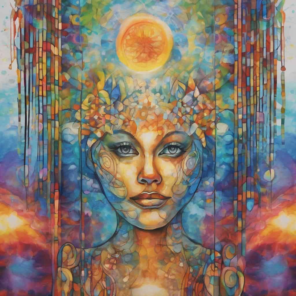 Αλτικό πορτρέτο με αφηρημένο φόντο και φωτεινό ήλιο, εκφράζει ελπίδα και όνειρα, τέχνη και αισιοδοξία.