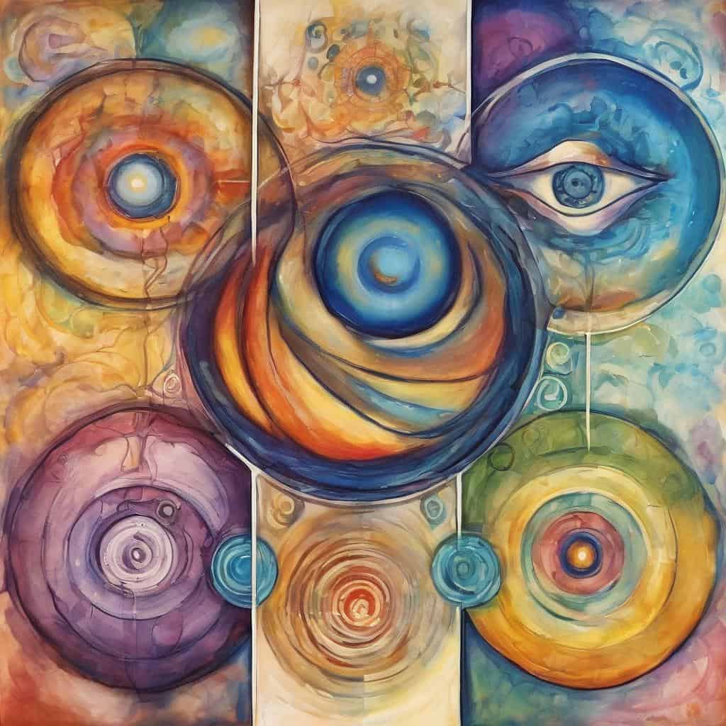 Υψηλής τέχνης αφηρημένος πίνακας με κυκλικά μοτίβα και μάτια, σύμβολο ελπίδας και όρασης.